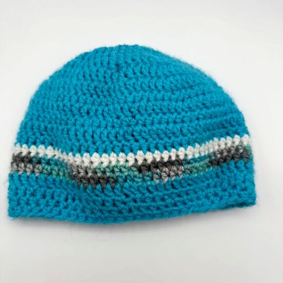 Handmade Women’s Blue Crochet Beanie White Flower Stripe Winter Hat Grannycore - Picture 4 of 9